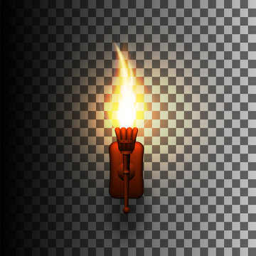 Realistic Torch With Fire On The Wall. Vector Illustration.