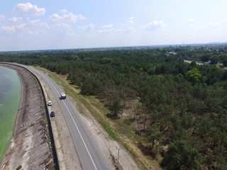Aerial drone view of  Dnepr river. Near Kiev