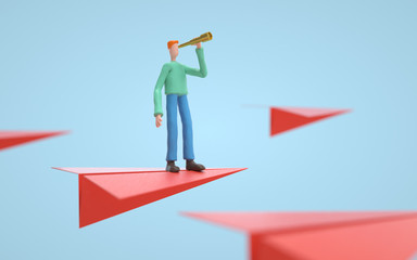 A man standing on the paper airplanes. Competition and success concept. 3d rendering,conceptual image.