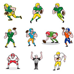 Set or Collection of cartoon character style illustration of American football player in different roles like quarterback, running back, center, wide receiver,tackle, guard and referee.