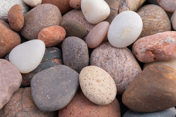 Fototapeta na wymiar piedras pequeñas de colores con desgaste de playa hermosa, con algunos caracoles marinos y sedimentos 