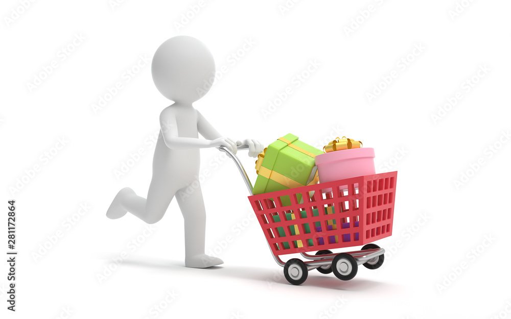 Poster a man running with a shopping cart.communication or social media concept. 3d rendering,conceptual im