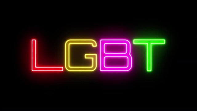 A flickering neon, turning on and showing the colorful letters LGBT, each character with a different color.