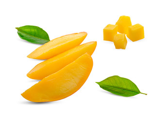Fototapeta na wymiar Mango fruit slices, cubes and leaves over white. File contains clipping path