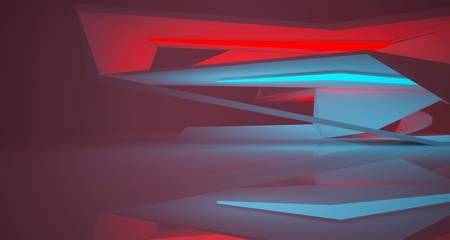 Abstract architectural white interior of a minimalist house with color gradient neon lighting. 3D illustration and rendering.