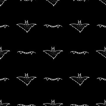 Bat and teeth seamless Halloween outline in the abstract style. Black bat and teeth seamless Halloween outline on black background. Holiday decoration. Line vector. Doodle wallpaper. Wildlife set