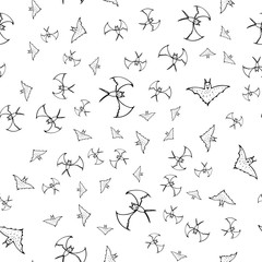 Bat seamless Halloween outline in the abstract style. Black bat seamless Halloween outline on white background. Holiday decoration. Line vector. Doodle wallpaper. Wildlife set