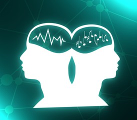 Silhouette of a men head. Teamwork relative brochure design template. Human communication. Life line and notes as a symbol of a brains. Concept of differences. Neon bulb illumination. 3D rendering