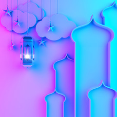 Arabic lantern, hanging cloud, star, window on blue pink gradient background. Design concept of islamic celebration day ramadan kareem or eid al fitr adha, hajj, hijri, mawlid. 3D illustration.