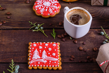 Christmas homemade gingerbread cookies on wooden table. It can be used as a background