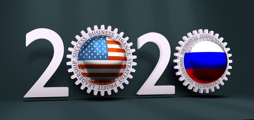 Business relative words on the mechanism of gears. Communication concept in industrial design. USA and Russia business cooperation. 3D rendering. 2020 year number