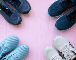 Men's blue sneakers. Fitness and running concept. Fitness background. Sneakers on board 