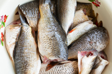 Fresh fish on ice on the market. Fresh river fish. Seafood