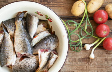 Fresh fish on ice on the market. Fresh river fish. Seafood