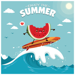 Vintage summer poster design with vector watermelon & surfboard characters.