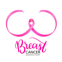 Pink ribbon curve in breast shape. Breast Cancer Awareness Month Campaign. Icon design. Vector illustration isolated on white background.