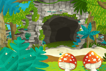 Cartoon background with cave in the jungle with different floral elements - illustration for children