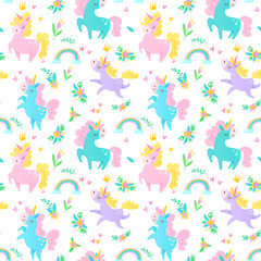 Seamless vector summer pattern with different unicorns, rainbows and flowers