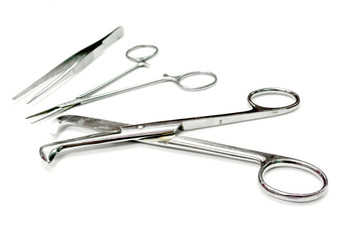 Medical umbilical cord scissor and Medical artery clamp scissor with surgical forceps isolate on white background.