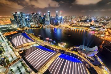 Fototapeta na wymiar Gorgeous night aerial view of Marina Bay in Singapore