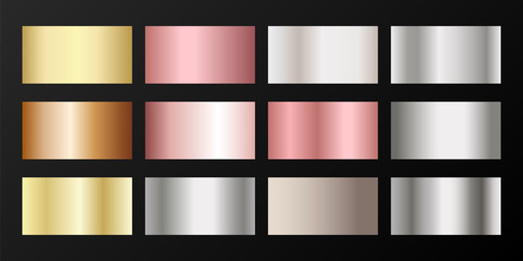 Silver, platinum, bronze, pink gold vector metallic gradients.