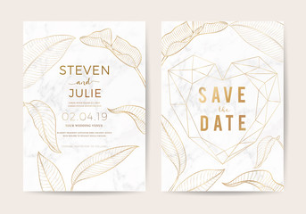 Luxury Natural Wedding invite Card for summer and spring seasons. Design With gold leaves minimal style decoration. Vector