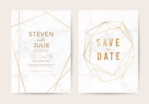 Luxury wedding invite cards with White marble texture and gold border pattern vector design template