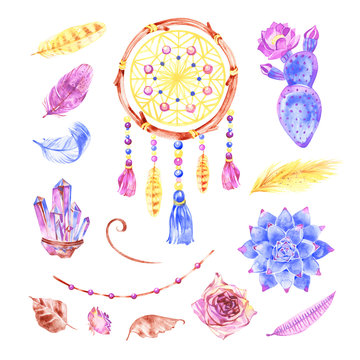 Isolated Watercolor decoration bohemian dreamcatcher. Boho feathers decoration. Native dream chic design. Mystery etnic tribal print. American culture design