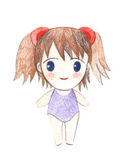 Illustration color drawing of watercolor manga girl in clothes on a white isolated background.