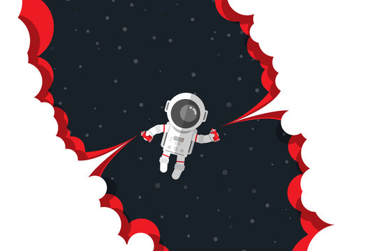 Flat design, Astronaut push down on button spray paint bottle launch red smoke while floating on space, Vector illustration, Infographic Element