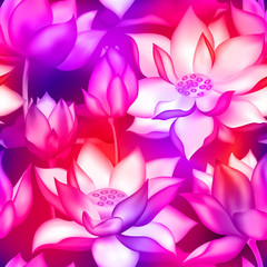 Lotus buds and flowers seamless wallpaper., Water lilly nelumbo aquatic plant floral graphic design.