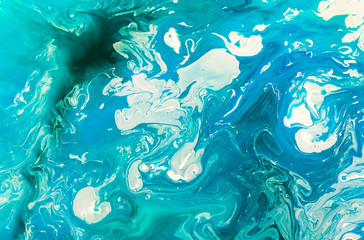 Fototapeta premium abstract blue paint acrylic pattern texture like marble background, hand painted art marbling like ocean or blue sky