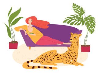 Home jundle hygge illustration with a womal reading a book and a wild cat cheetah
