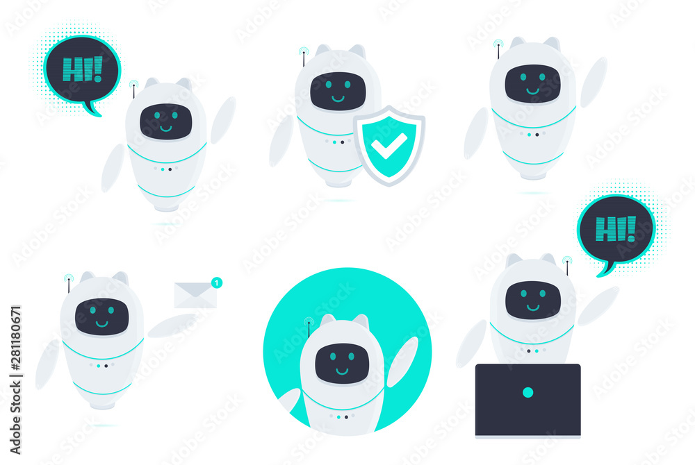Poster robot cat chatbot icon sign flat style design vector illustration set isolated on white background. 