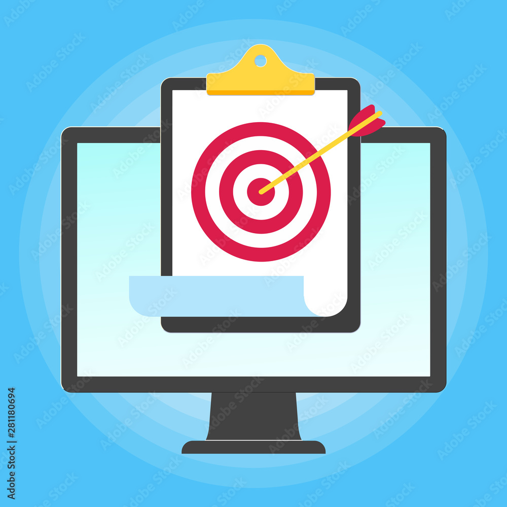 Poster monitor or all in one pc flat design with clipboard and target icon with arrow popped above the scre