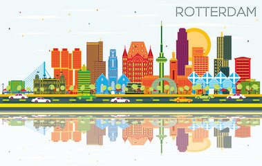 Rotterdam Netherlands City Skyline with Color Buildings, Blue Sky and Reflections.
