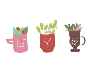 Set of flat illustrations of decorative cups of tea with foliage and various ingredients. Summer teas with berries, chamomile and foliage. Magical vector kit for recipes, cards and your creativity