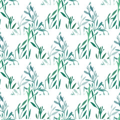 Seamless geometric texture with triangles of grass on a white background. Green branches with foliage. Natural pattern for fabrics, wallpapers and your creativity