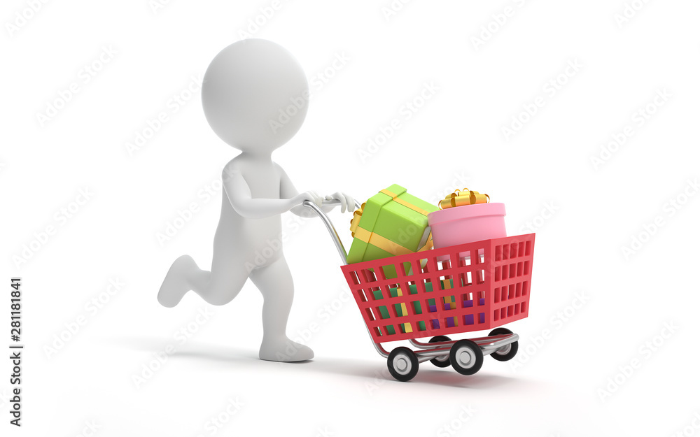 Poster a man running with a shopping cart.communication or social media concept. 3d rendering,conceptual im