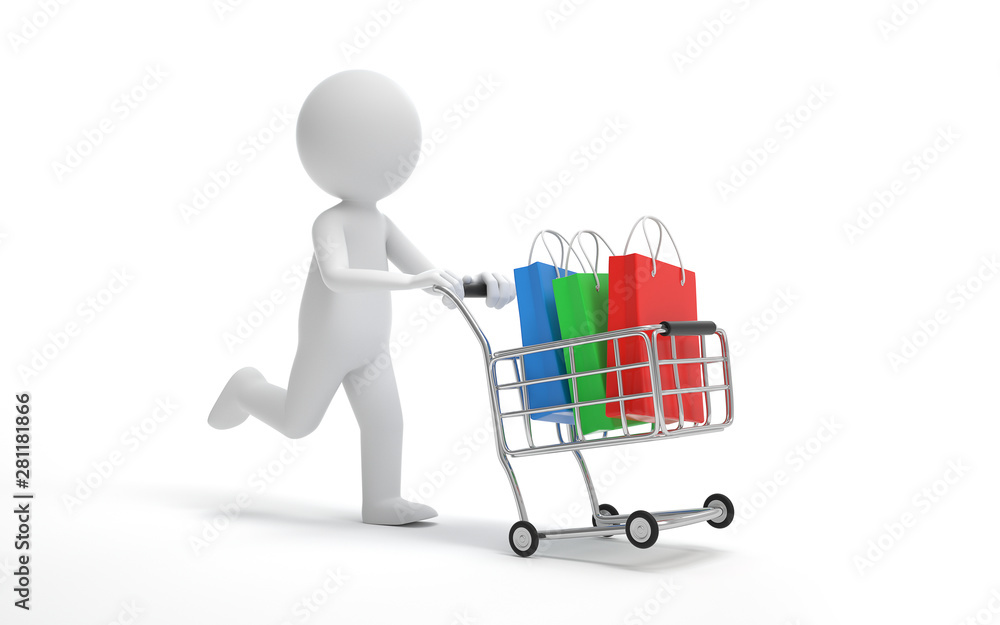 Poster a man running with a shopping cart.communication or social media concept. 3d rendering,conceptual im