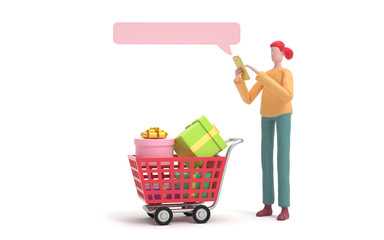 Fototapeta premium A man sends sms with shopping cart.communication or social media concept. 3d rendering,conceptual image.