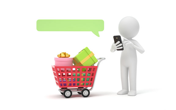 A man sends sms with shopping cart.communication or  social media concept.  3d rendering,conceptual image.