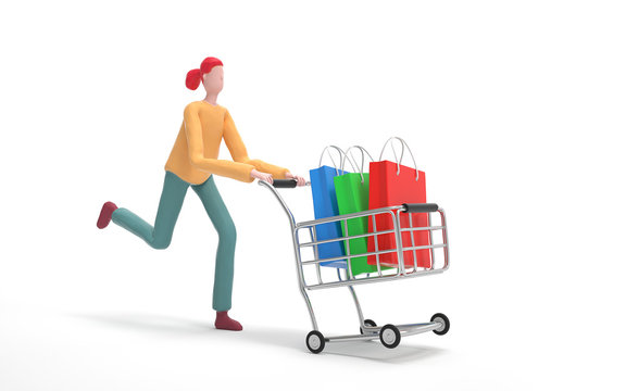 A woman running with a shopping cart.communication or  social media concept.  3d rendering,conceptual image.
