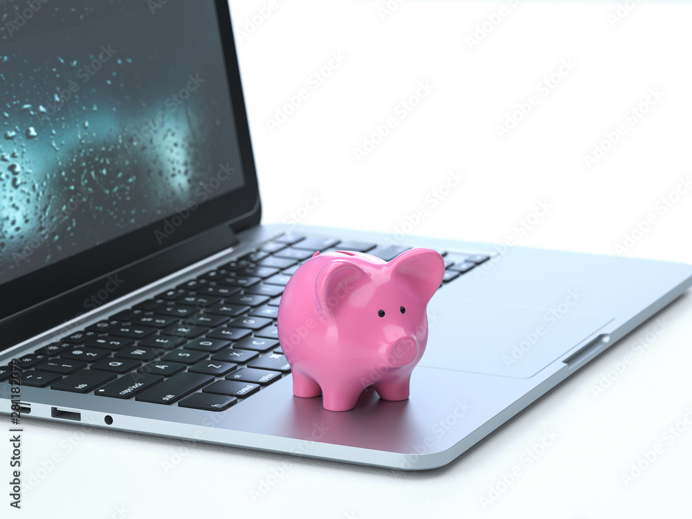 Aufkleber save money,piggybank on the keyboard of a latop, 3d rendering,conceptual image. finance and saving c