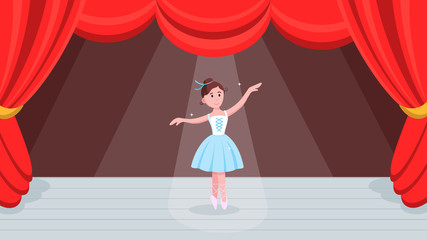 Open red curtains theater or ballet dance scene with price, curtains, scenery and young beautiful ballerina dressed in tutu and pointe shoes standing at the pose flat style design vector illustration.