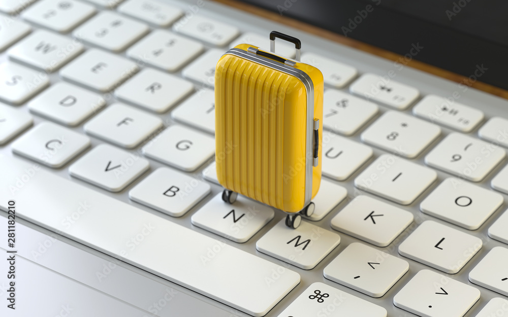 Poster travel,suitcase on the keyboard of a latop, 3d rendering,conceptual image. travel and journey concep
