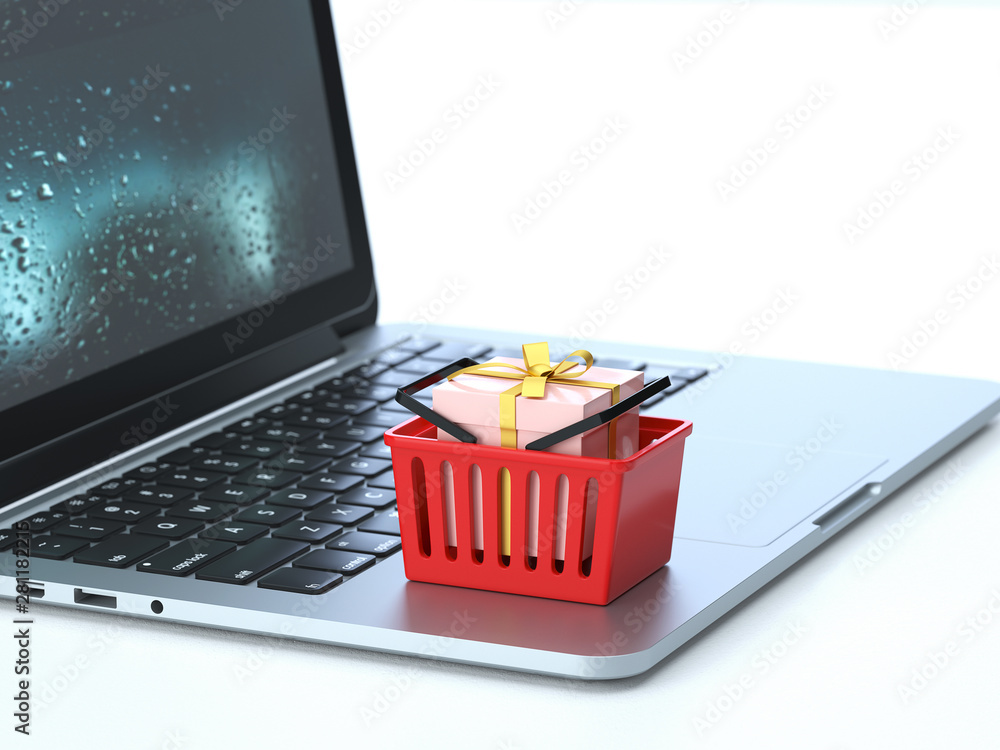 Poster shopping basket on the keyboard of a latop, 3d rendering,conceptual image. shopping and paying conce