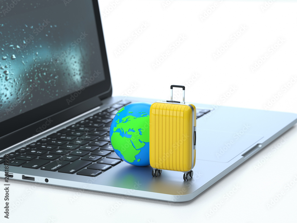 Poster travel,suitcase on the keyboard of a latop, 3d rendering,conceptual image. travel and journey concep