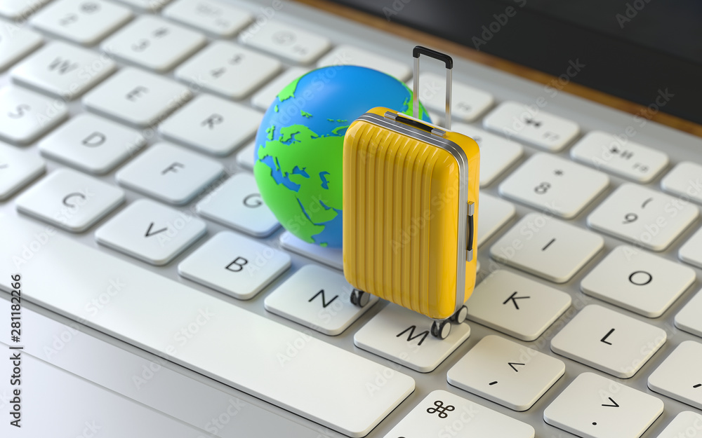Poster travel,suitcase on the keyboard of a latop, 3d rendering,conceptual image. travel and journey concep