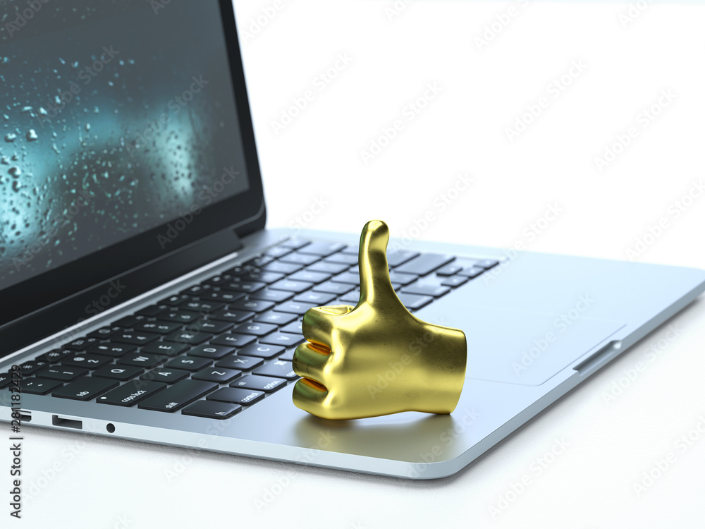 Poster good choice,thumbs up on the keyboard of a latop, 3d rendering,conceptual image. good choice concept